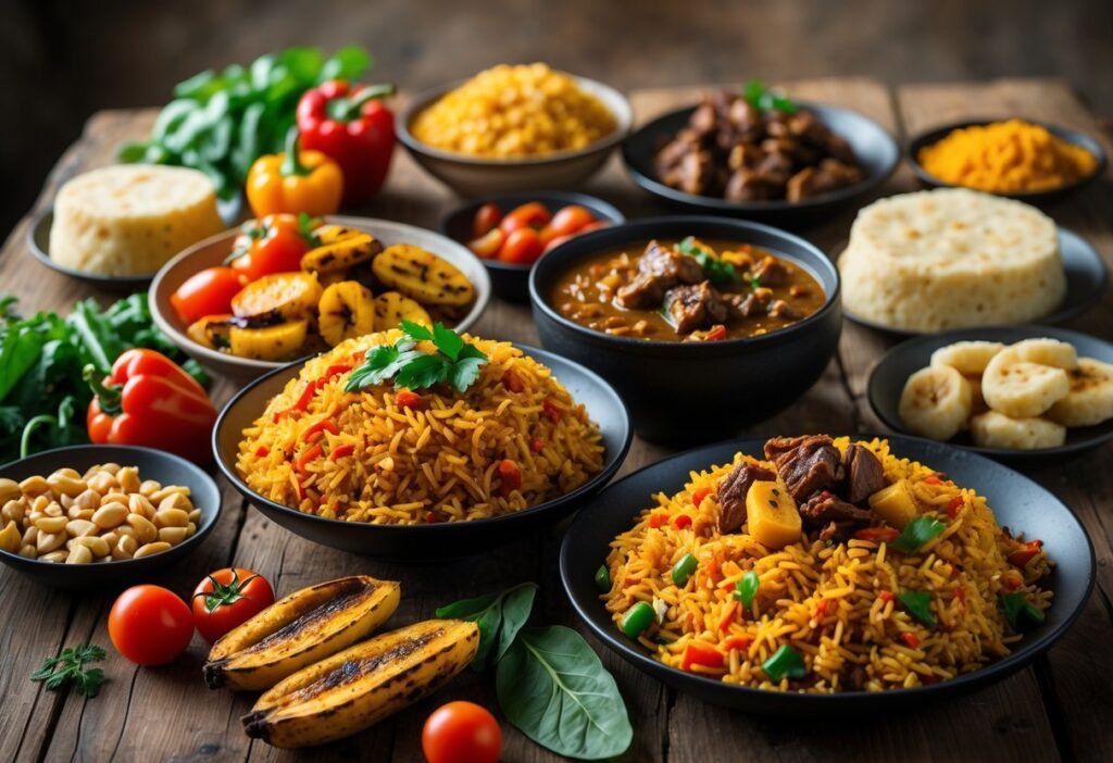 Mesa rústica com uma variedade de pratos tradicionais de comidas de origem africana, incluindo arroz jollof, banana-da-terra grelhada, ensopado de amendoim e fufu, com ingredientes frescos ao redor.