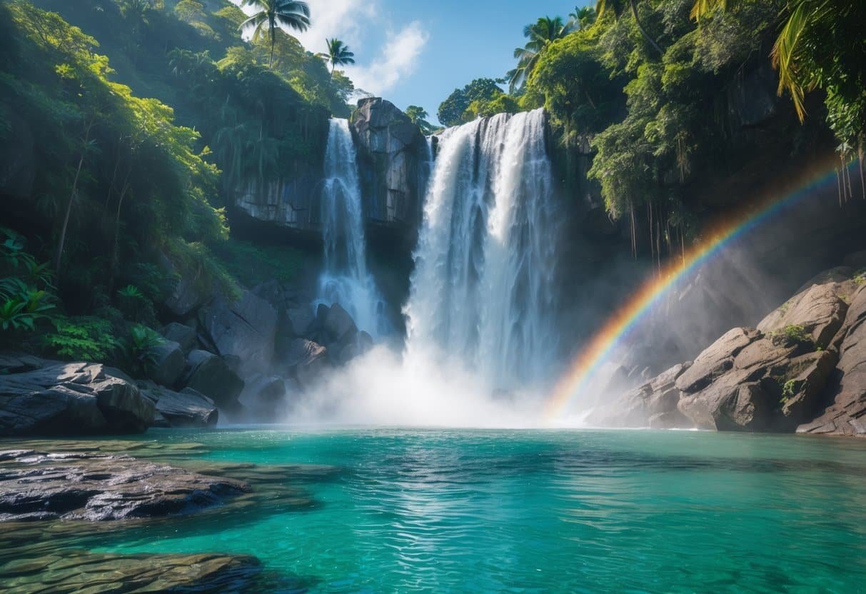 Cachoeira majestosa com água cristalina caindo sobre pedras cercadas por vegetação tropical verde e um lago tranquilo ao redor.
