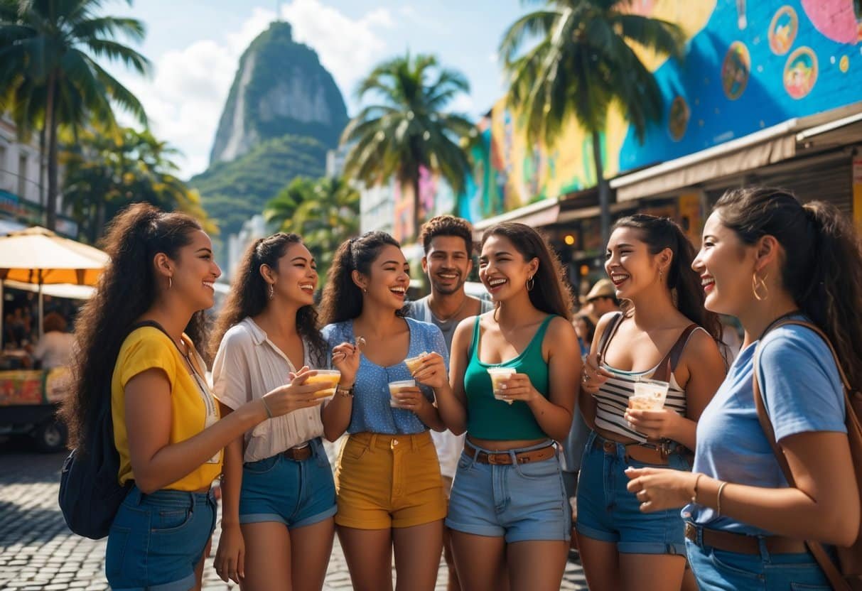Grupo de jovens conversando animadamente em uma rua do Rio de Janeiro com murais coloridos e pontos turísticos ao fundo.