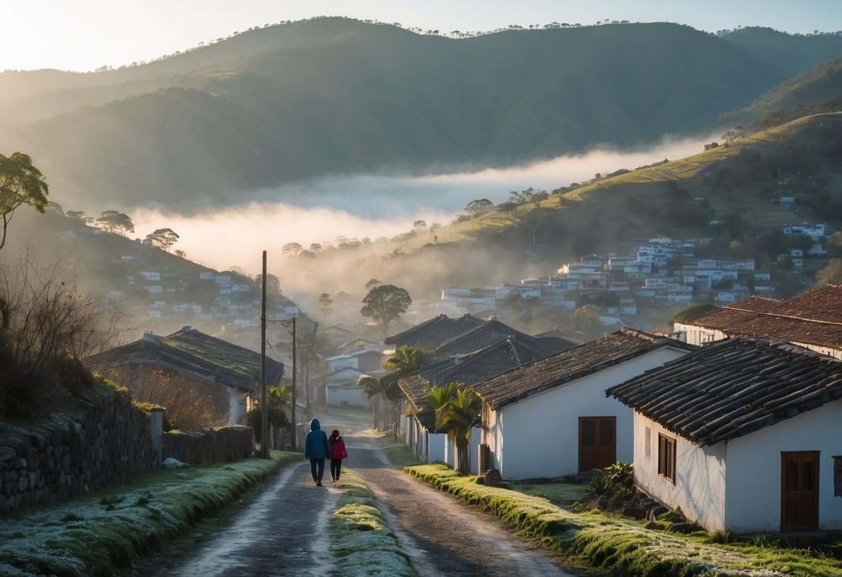 Vista de uma pequena cidade montanhosa no Nordeste do Brasil com casas tradicionais, neblina suave e pessoas caminhando com agasalhos, em um ambiente frio e tranquilo.