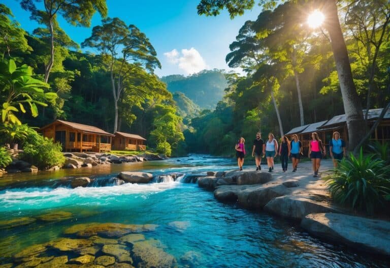 Paisagem natural em Lumiar com floresta verde, rio cristalino e pessoas caminhando em trilhas cercadas por árvores.
