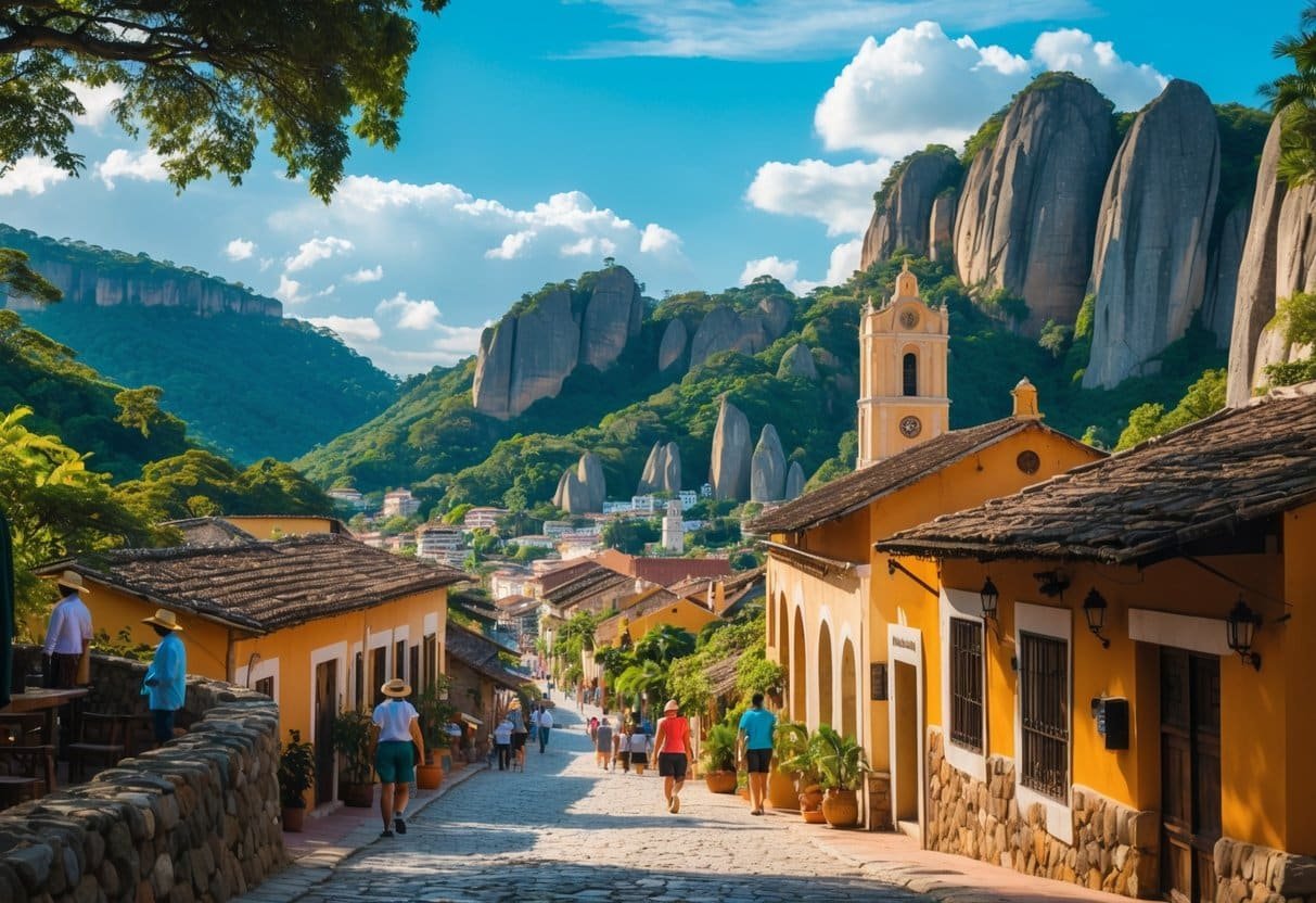 Vista panorâmica da cidade de São Thomé das Letras com casas rústicas, igreja histórica, pessoas caminhando e formações rochosas ao redor.