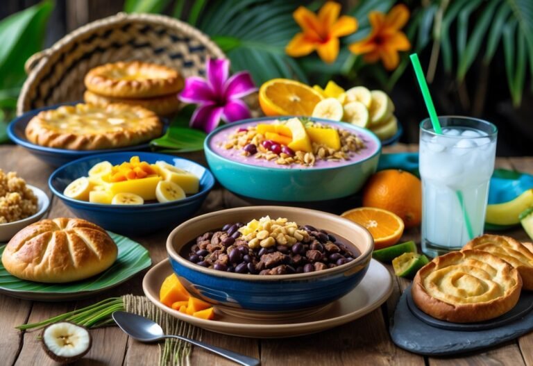 Mesa com pratos tradicionais da comida do Rio de Janeiro, incluindo feijoada, pastel, açaí com frutas, pão de queijo e água de coco.