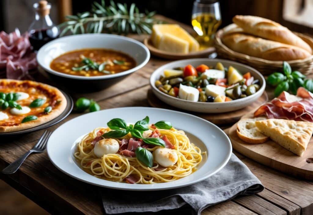 Mesa de madeira com pratos típicos da culinária italiana, incluindo espaguete à carbonara, pizza margherita, sopa minestrone, queijos e embutidos, acompanhados de vinho tinto e pão focaccia.