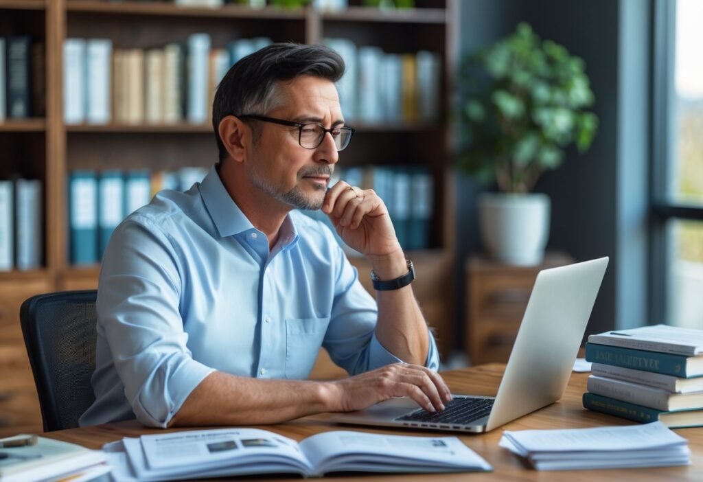 Homem pensativo sentado em uma mesa de escritório moderno, olhando para um laptop, com livros e plantas ao redor.