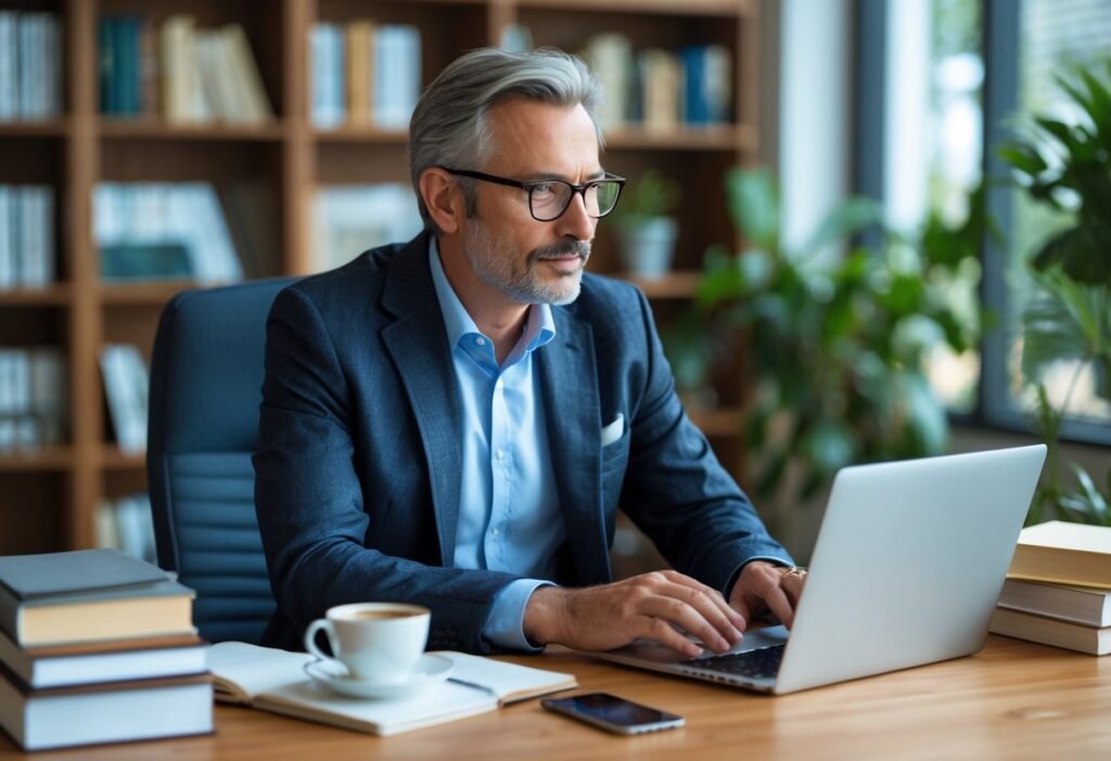 Homem de meia-idade sentado em uma mesa de escritório olhando para um laptop, cercado por livros e plantas.
