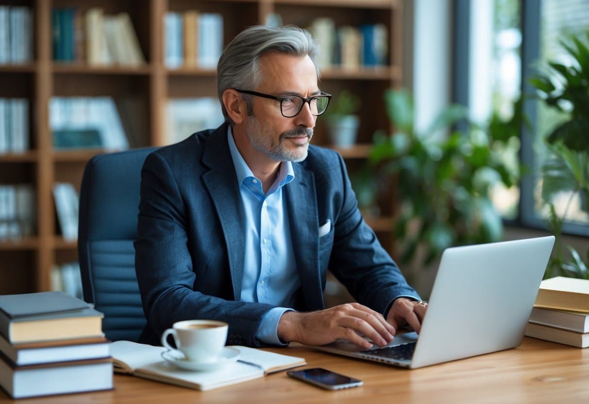 Homem de meia-idade sentado em uma mesa de escritório olhando para um laptop, cercado por livros e plantas.