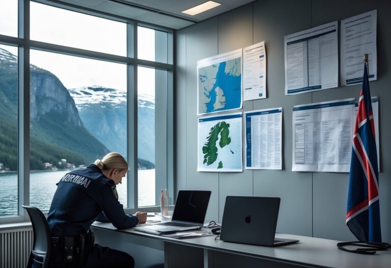 Sala de investigação policial na Noruega com investigadores analisando mapas e documentos sobre um desaparecimento.