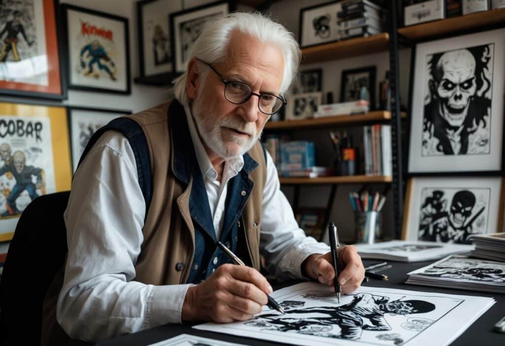 Um homem idoso em um estúdio de arte, desenhando uma figura de zumbi com vários quadrinhos e materiais de arte ao redor.