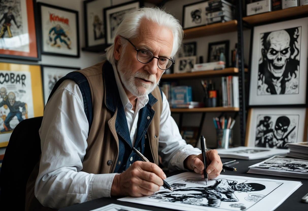Um homem idoso em um estúdio de arte, desenhando uma figura de zumbi com vários quadrinhos e materiais de arte ao redor.