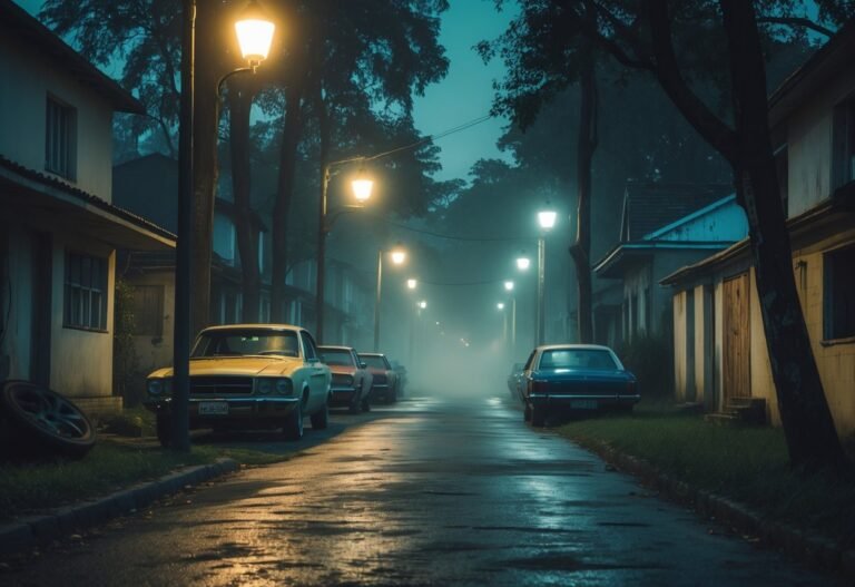 Rua residencial escura e deserta à noite, com casas antigas, carros estacionados e luzes de postes iluminando a cena com névoa baixa.
