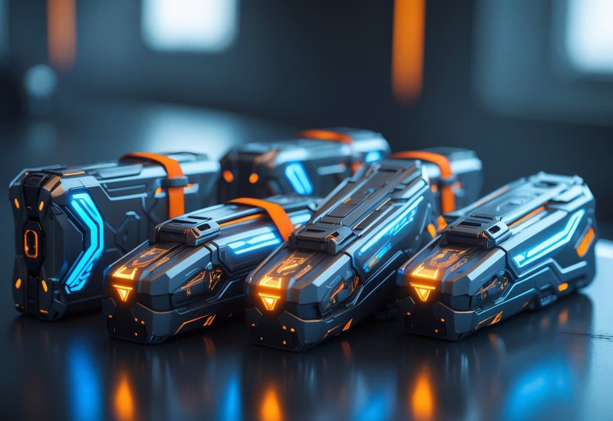 Várias baterias futuristas com detalhes metálicos e luzes azuis e laranjas, dispostas sobre uma superfície escura e refletiva.