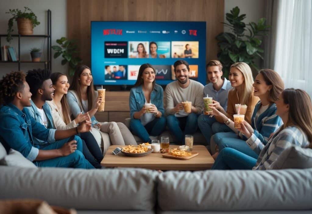 Grupo de amigos assistindo Netflix juntos em uma sala de estar aconchegante.