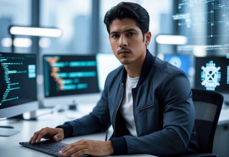 Homem jovem sentado em escritório moderno com computadores exibindo códigos e gráficos digitais ao fundo.