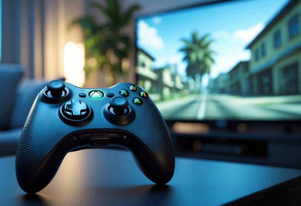 Controle Xbox 360 sobre uma superfície preta com uma televisão ao fundo mostrando uma cena de jogo urbana.