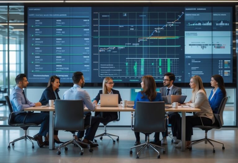 Equipe de profissionais analisando dados em uma sala de reunião moderna e iluminada.