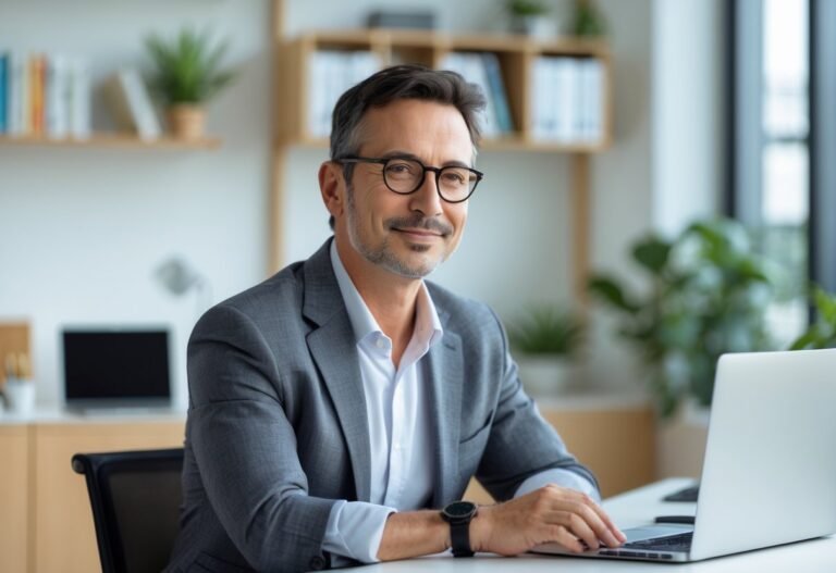 Homem de meia-idade sentado em uma mesa de escritório moderno, com expressão amigável e ambiente profissional ao fundo.