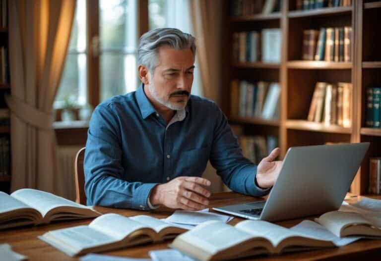Homem pensativo sentado em uma mesa com livros e laptop, explicando algo em uma sala de estudo aconchegante.