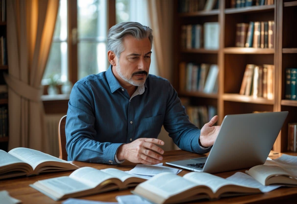 Homem pensativo sentado em uma mesa com livros e laptop, explicando algo em uma sala de estudo aconchegante.