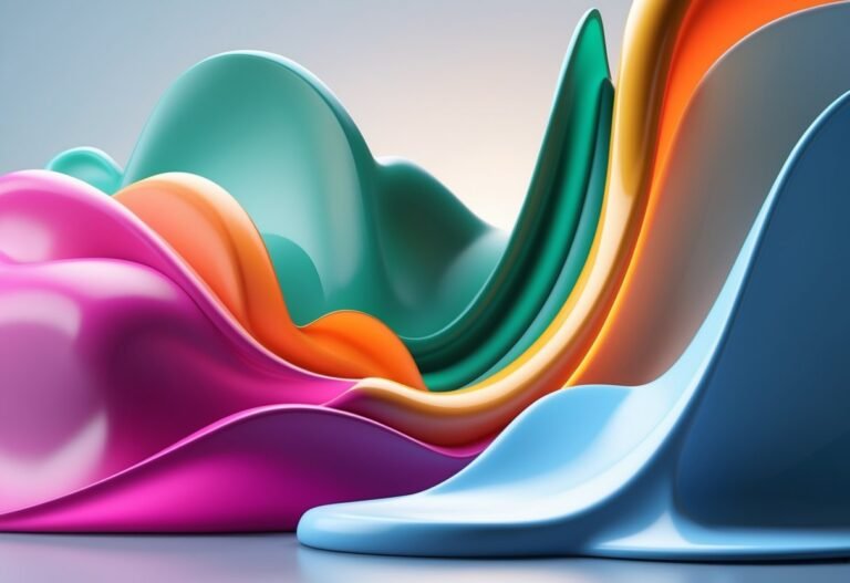 Composição abstrata em 3D com formas fluidas em cores fúcsia, verde floresta, laranja chama e azul gelo, exibindo um efeito de luz suave e sombras.