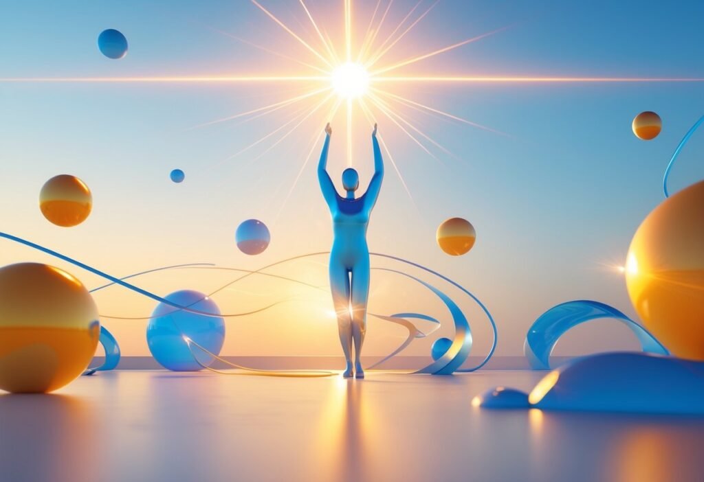 Figura humana estilizada alcançando uma luz radiante em um espaço aberto com formas abstratas flutuantes e cores quentes, transmitindo sensação de motivação e crescimento.