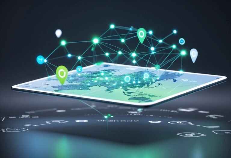 Interface digital flutuante mostrando um mapa com pontos conectados que representam endereços e ícones holográficos relacionados à localização e identificação.