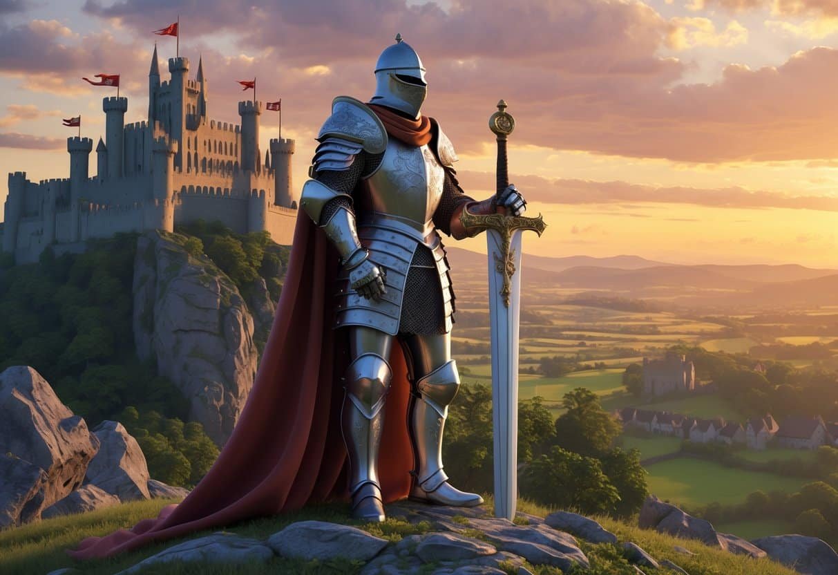 Cavaleiro medieval em armadura completa em um topo de colina com um castelo antigo ao fundo durante o pôr do sol.