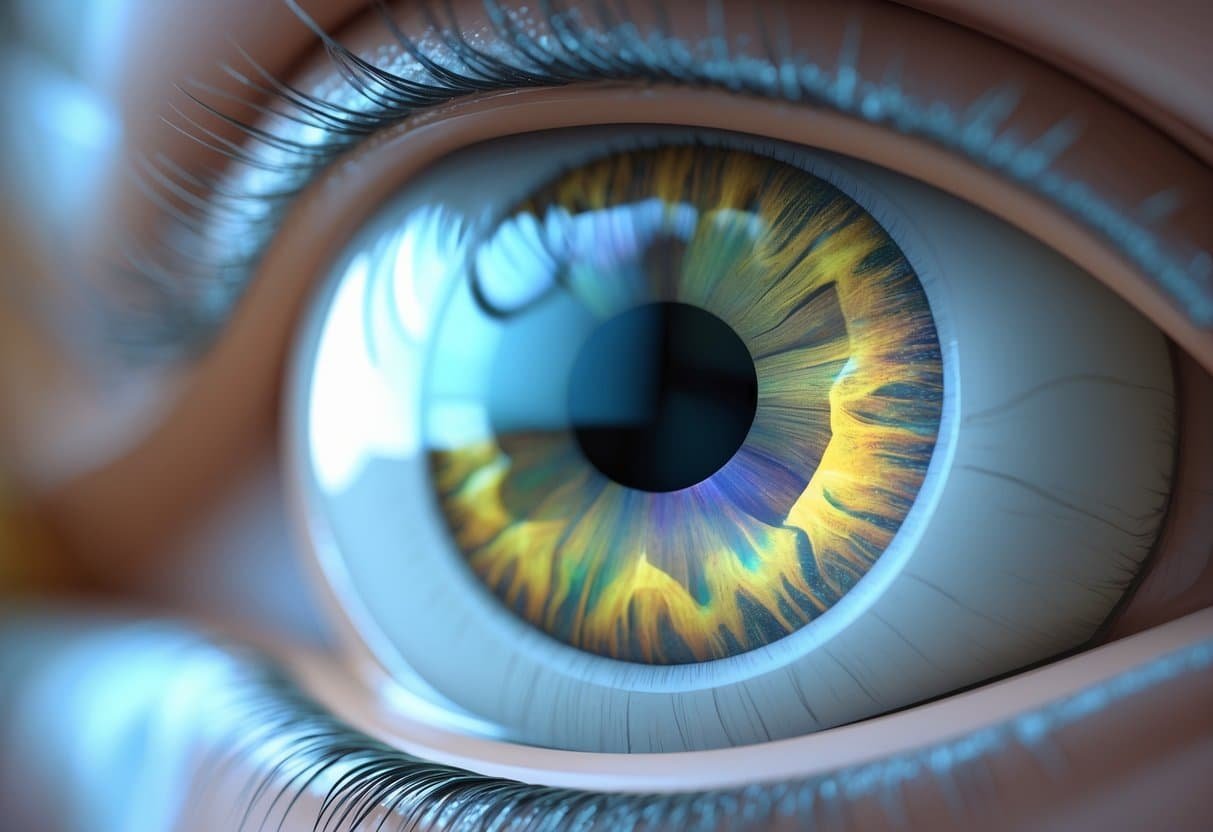 Close-up detalhado de um olho humano mostrando a íris, pupila e estruturas ao redor.