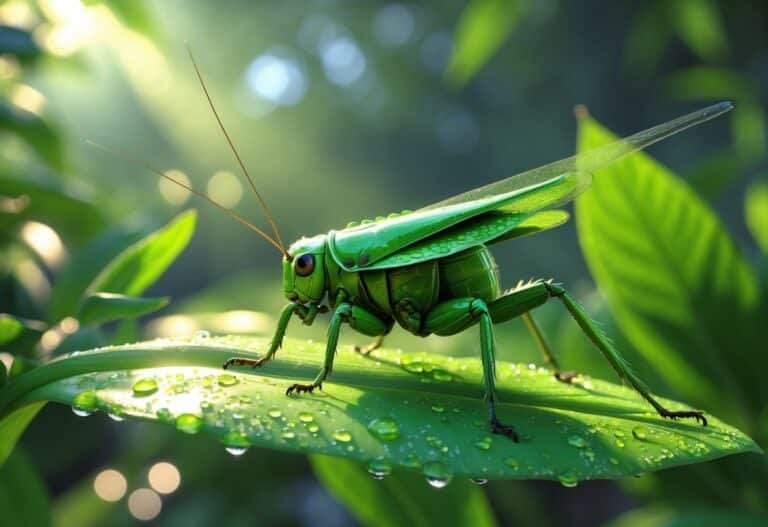 Um grilo verde pousado em uma folha verde com gotas de orvalho, rodeado por folhagens em um ambiente natural iluminado pela luz do sol.
