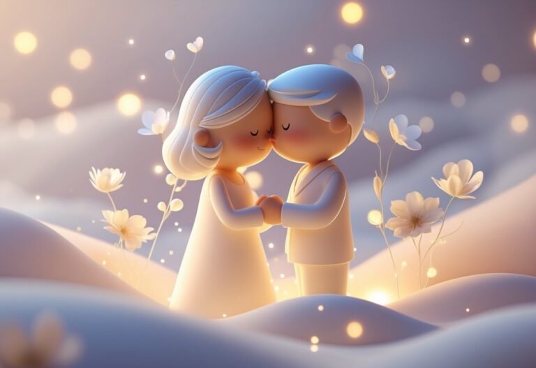 Um casal abraçado em um ambiente sonhador e iluminado suavemente, transmitindo carinho e intimidade.