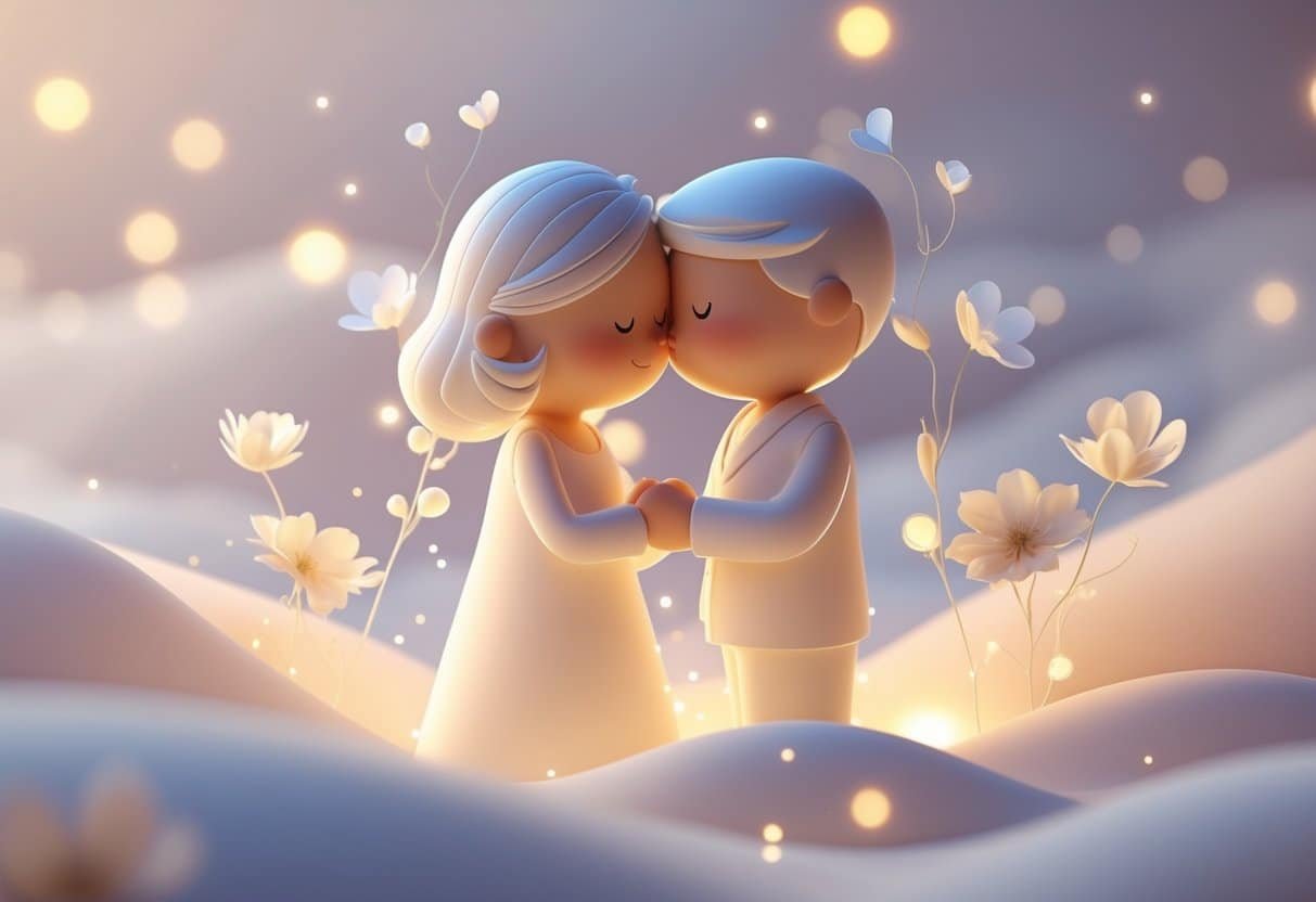 Um casal abraçado em um ambiente sonhador e iluminado suavemente, transmitindo carinho e intimidade.