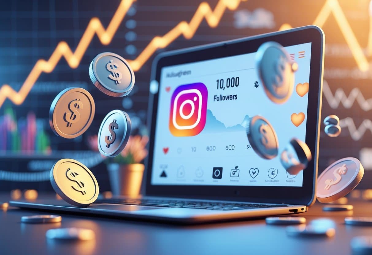 Mesa com laptop mostrando perfil do Instagram com cerca de 10 mil seguidores, ícones flutuantes de dinheiro e notificações ao redor.