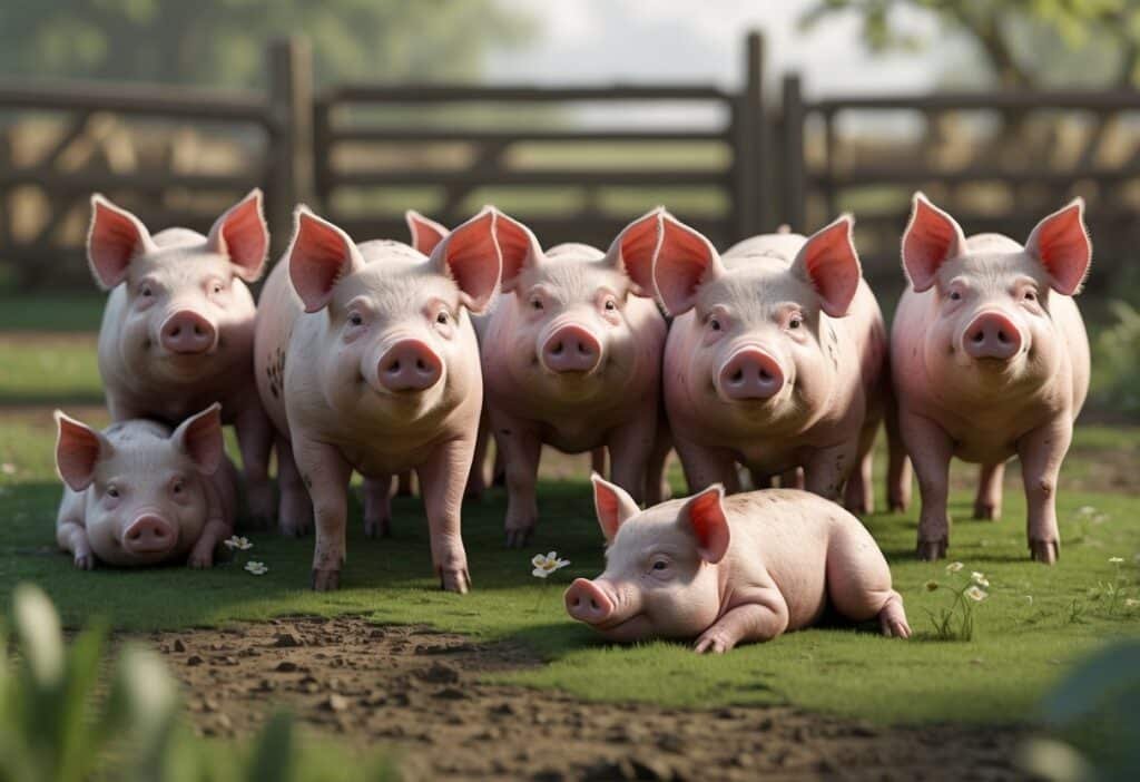 Um grupo de porcos juntos em um ambiente ao ar livre com grama e árvores ao fundo.