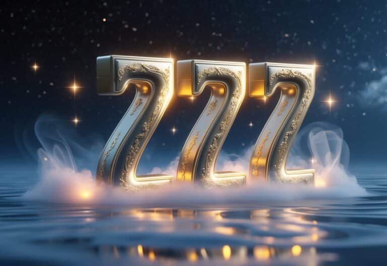 Números 777 dourados flutuando em um ambiente místico com névoa e céu estrelado ao fundo.