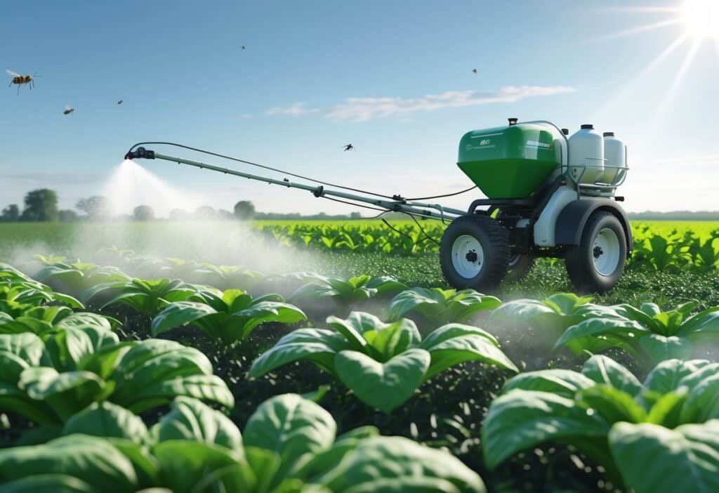 Campo agrícola com máquina pulverizando pesticida nas plantas para proteger as culturas.