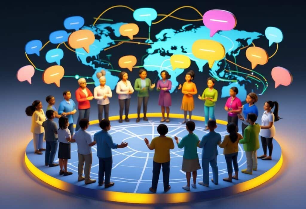Grupo diversificado de pessoas conversando em círculo, com balões de fala translúcidos ao redor e um mapa-múndi ao fundo mostrando conexões globais.