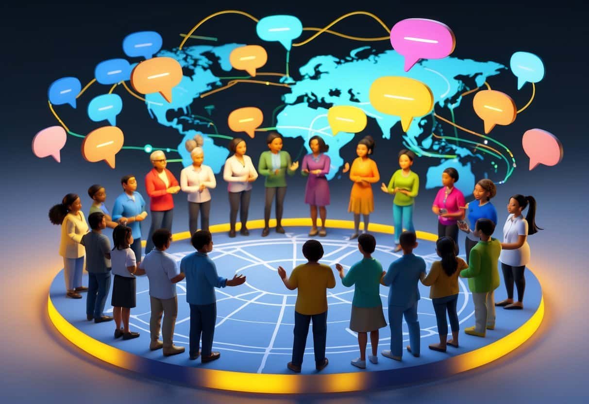 Grupo diversificado de pessoas conversando em círculo, com balões de fala translúcidos ao redor e um mapa-múndi ao fundo mostrando conexões globais.