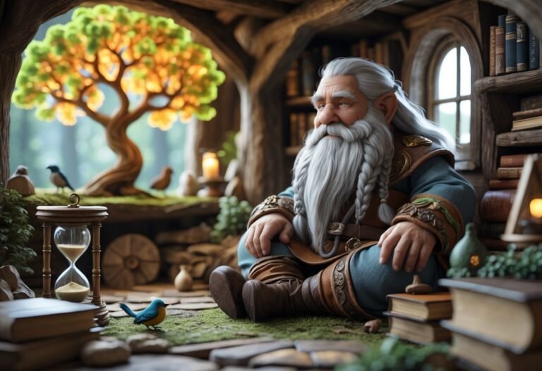 Um anão idoso sentado em uma cabana rústica na floresta, cercado por símbolos de tempo e vida, como uma ampulheta antiga e uma árvore brilhante, transmitindo sabedoria e longevidade.