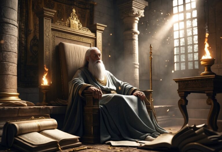 Cena mostrando o rei Salomão idoso sentado em seu trono em uma câmara real antiga, com expressão cansada e ambiente iluminado por tochas.