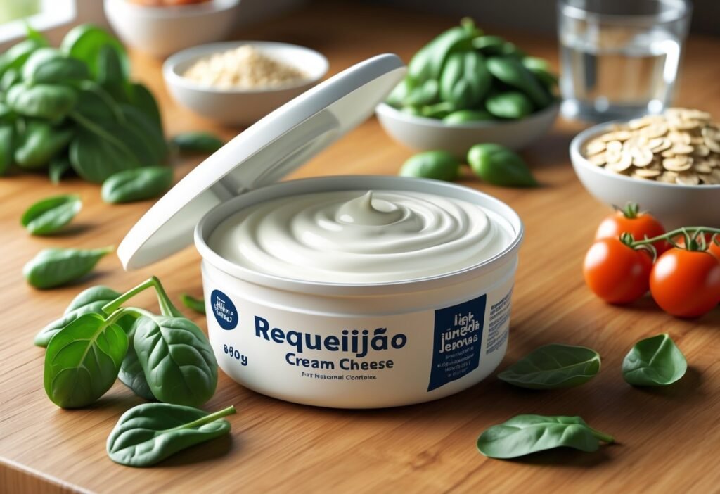 Recipiente aberto de requeijão light sobre bancada de cozinha com folhas verdes, tomates cereja, aveia, pão integral e copo de água ao fundo.