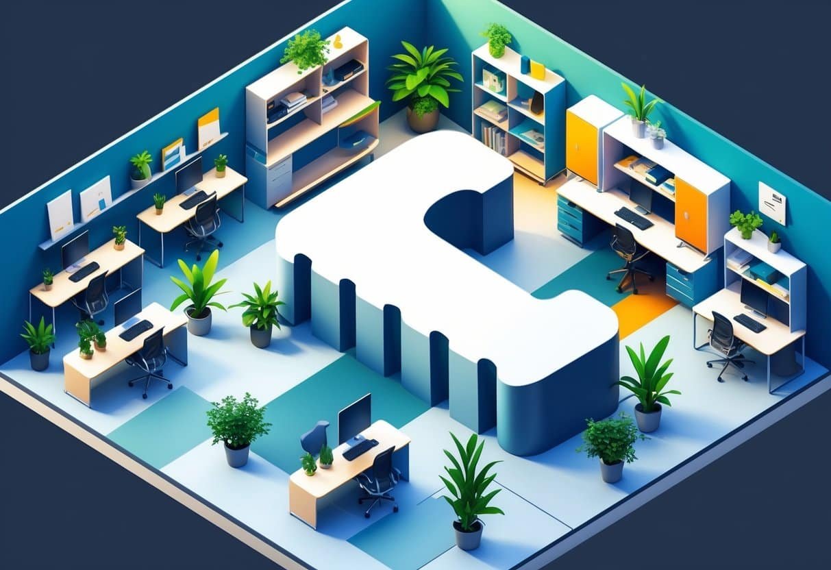 Ilustração de um escritório moderno com uma grande letra I tridimensional no centro, cercada por mesas, computadores, plantas e cadeiras.