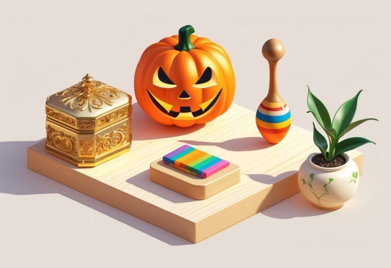 Ilustração mostrando uma caixa de joias dourada, uma lanterna de abóbora, um malabarismo de madeira colorido e uma planta de jade em um vaso, todos organizados sobre uma superfície de madeira clara.