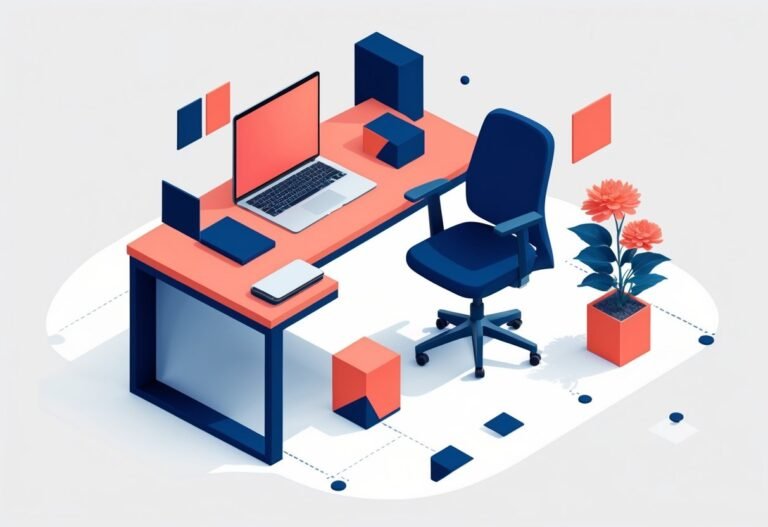 Ilustração de um espaço de trabalho moderno com uma mesa, laptop coral, cadeira azul marinho e planta com flores corais.