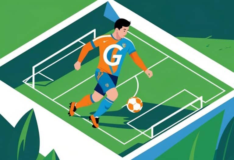 Jogador de futebol em campo, em posição de drible ou chute, com uma letra G estilizada na camisa.