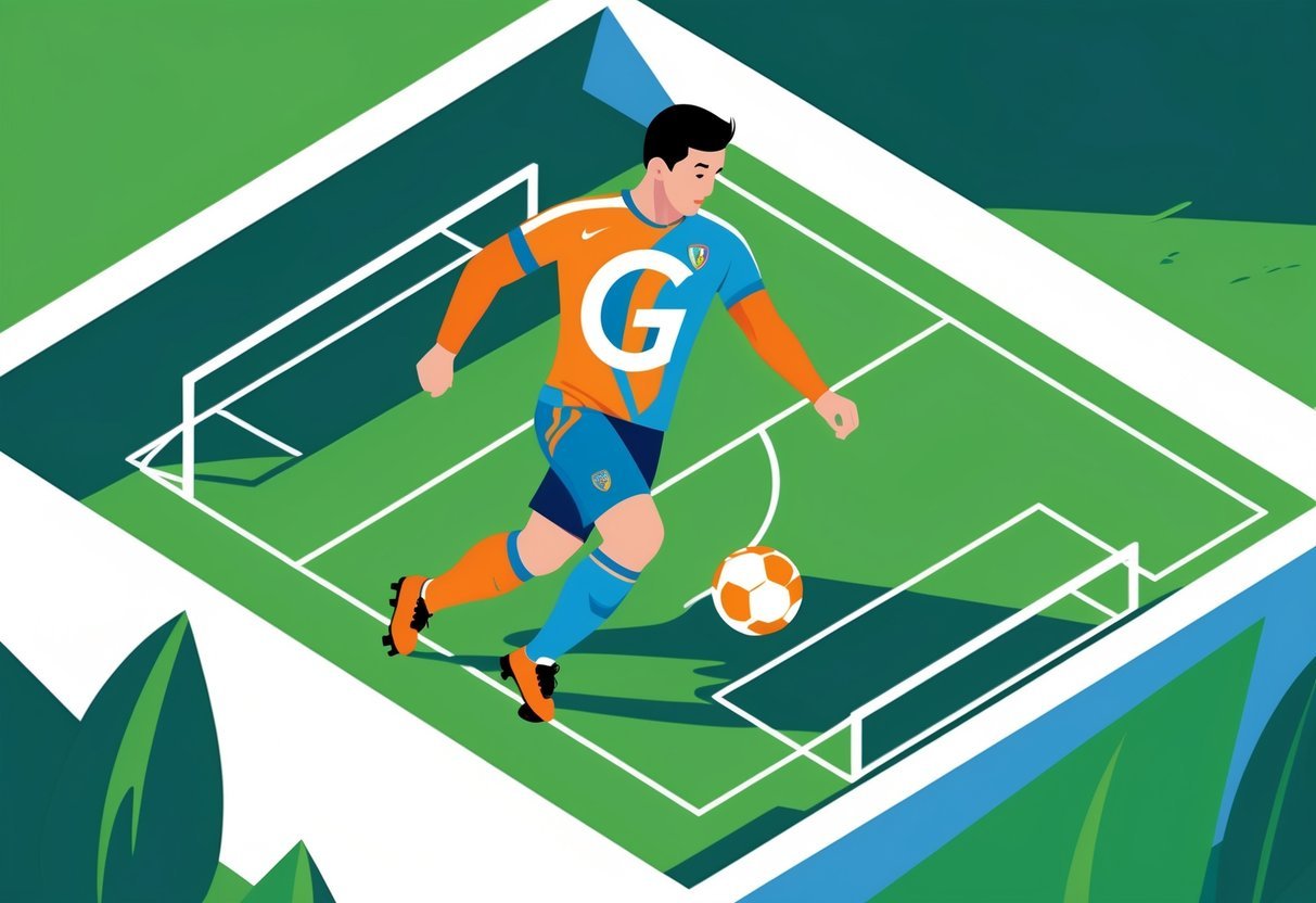 Jogador de futebol em campo, em posição de drible ou chute, com uma letra G estilizada na camisa.