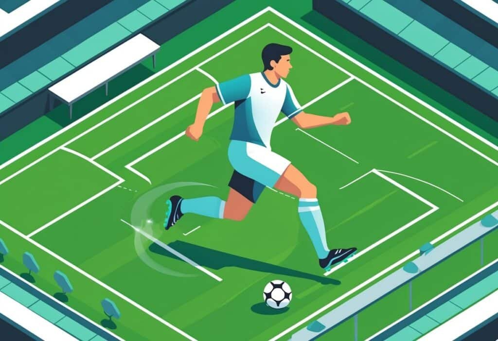 Jogador de futebol correndo com a bola em um campo verde com arquibancadas ao fundo.