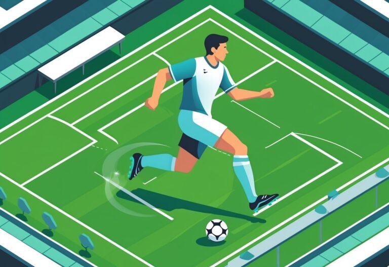 Jogador de futebol correndo com a bola em um campo verde com arquibancadas ao fundo.