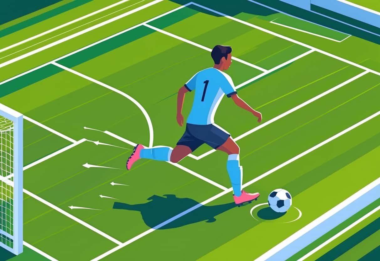 Jogador de futebol correndo com a bola em um campo verde com linhas de marcação e parte do gol ao fundo.