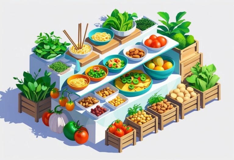 Banca de mercado ao ar livre com pratos variados de comida começando com a letra N, incluindo macarrão, nachos e castanhas, dispostos de forma organizada e colorida.