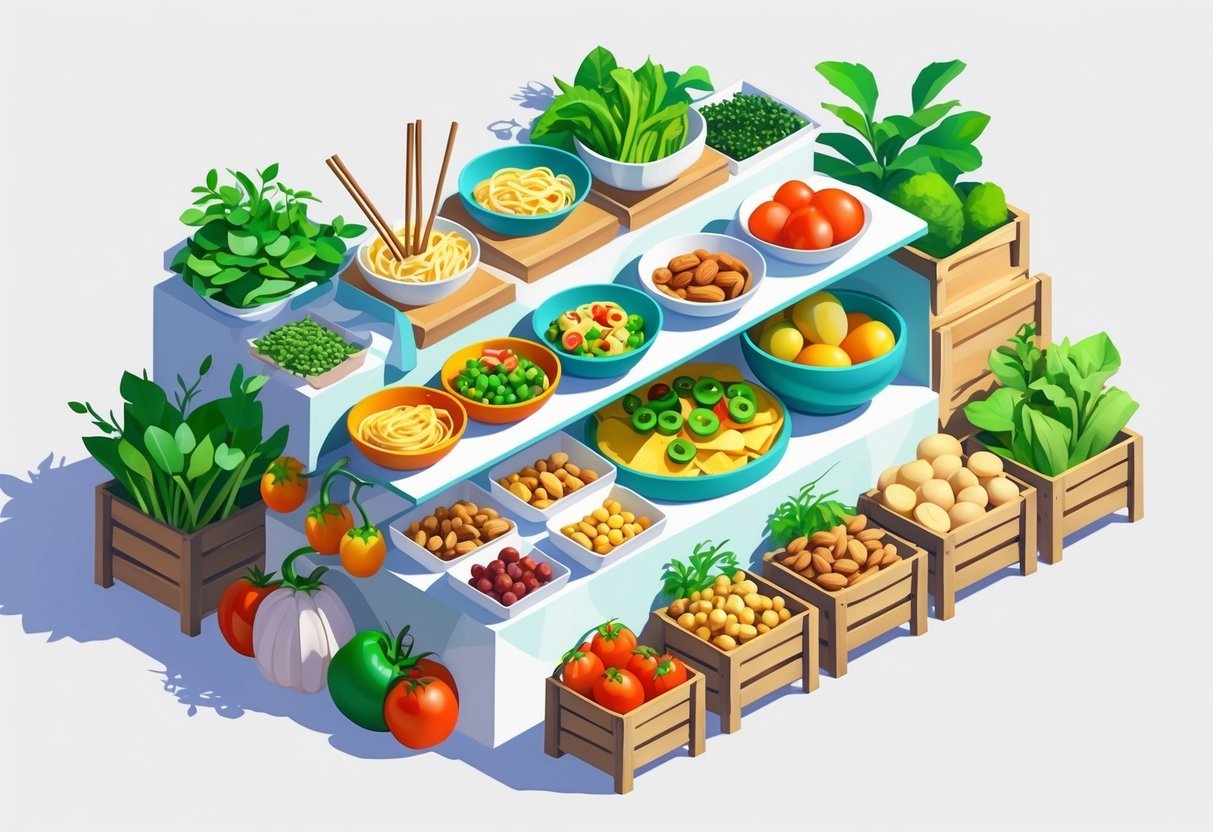 Banca de mercado ao ar livre com pratos variados de comida começando com a letra N, incluindo macarrão, nachos e castanhas, dispostos de forma organizada e colorida.